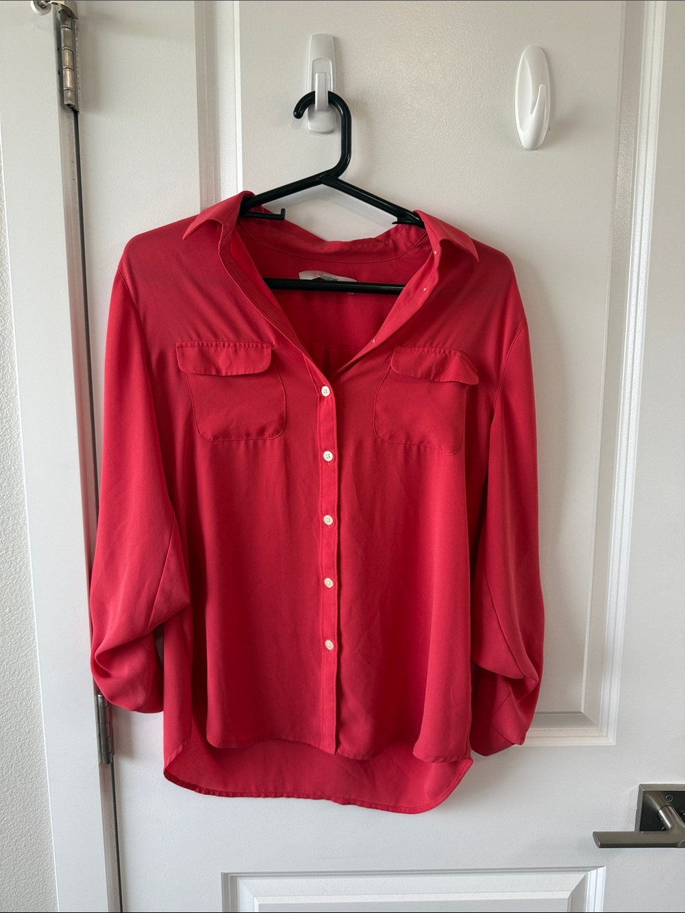LOFT Red Button-Down Pocket Blouse